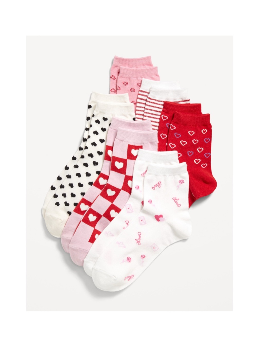 NWT Old Navy 6 pack quarter crew socks with red pink heart valentine motif